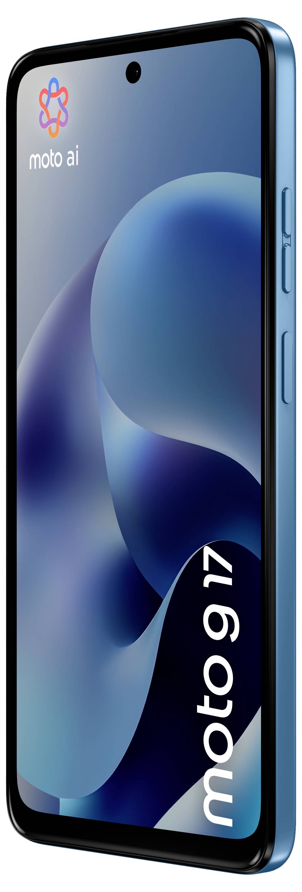 Seitenansicht eines blauen Smartphones, die die untere Kante mit einem Ladeanschluss, Lautsprecheröffnungen und einem Mikrofon zeigt.