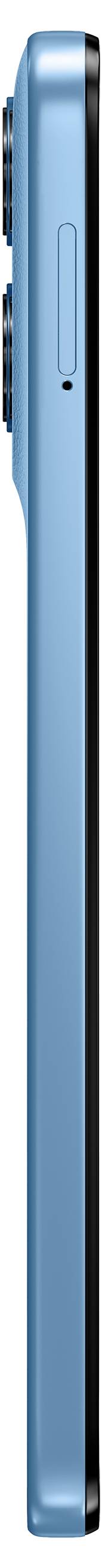 Seitenansicht eines blauen Smartphones mit schlankem Profil und schwarzem Bildschirmrahmen, vertikal auf weißem Hintergrund dargestellt.