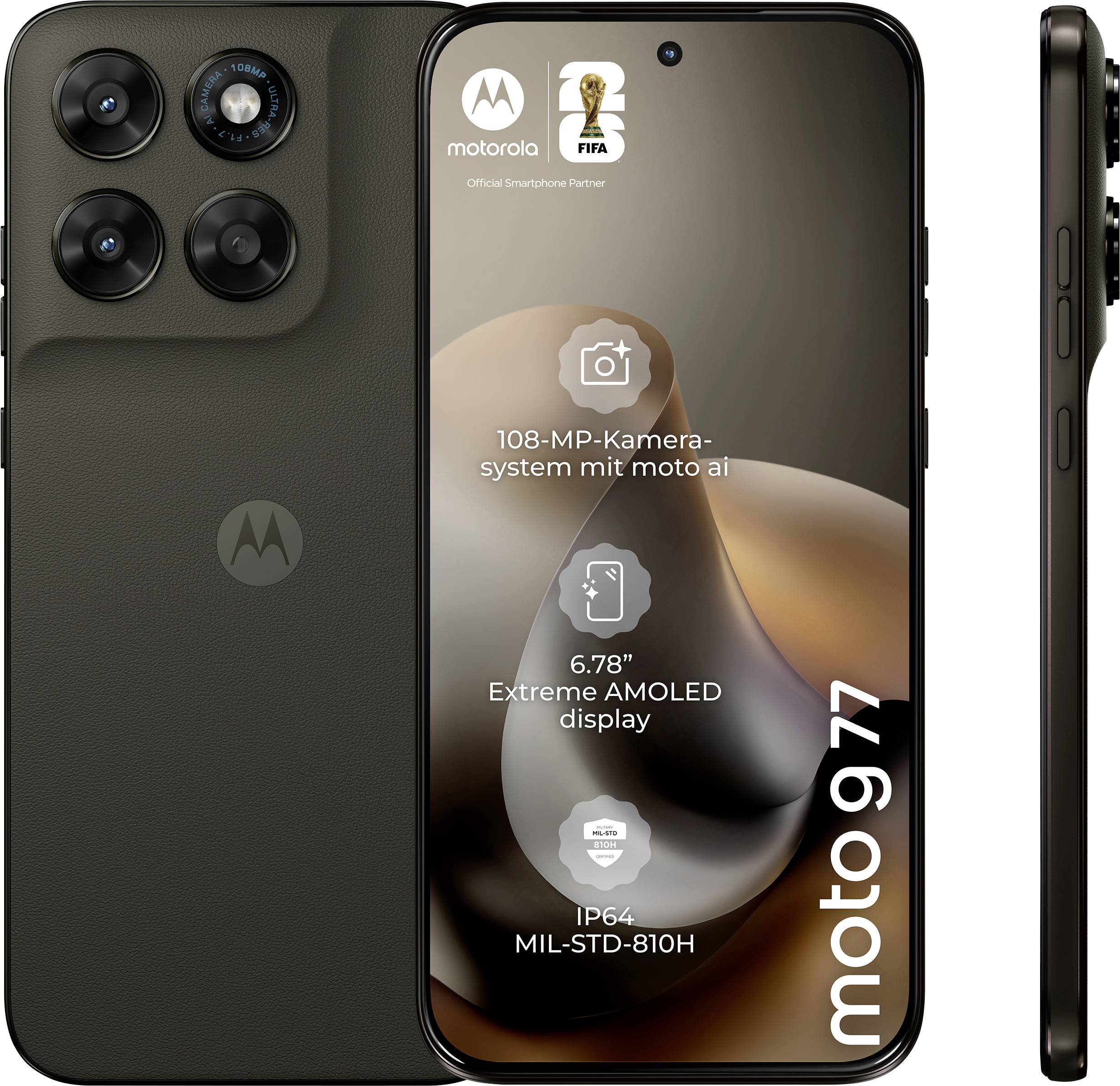 Vorder- und Seitenansicht des Moto G77 Smartphones mit einer 108-MP-Kamera, 6,78-Zoll-AMOLED-Display und IP64-MIL-STD-810H-Zertifizierung.