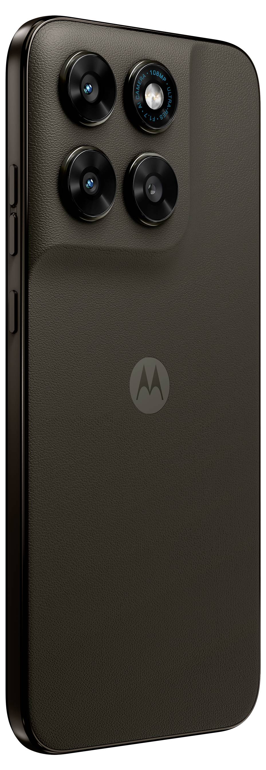 Ein elegantes schwarzes Smartphone mit einem vierfachen Kamerasystem auf der Rückseite, das das Motorola-Logo in der Mitte zeigt.