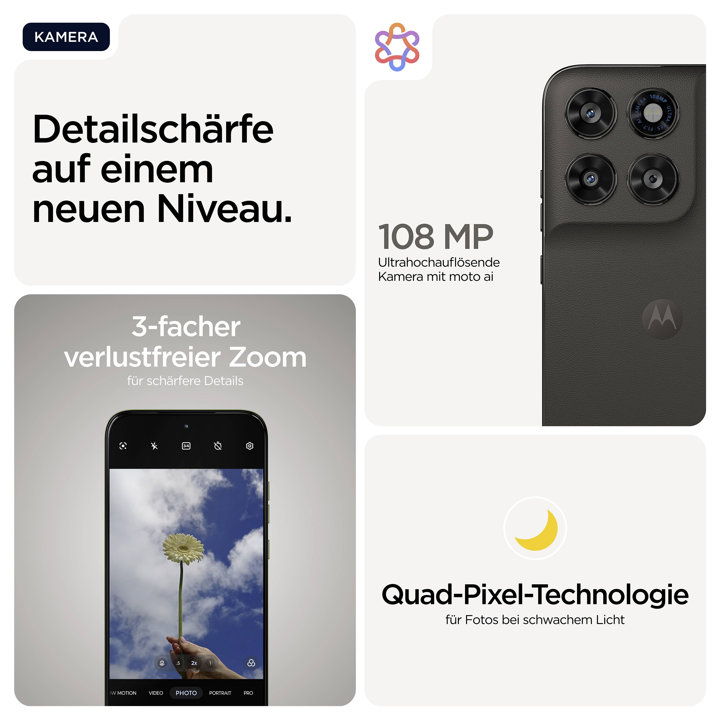Motorola-Smartphone mit Kamera-Highlights: 108 MP Auflösung, 3-facher verlustfreier Zoom, Quad-Pixel-Technologie für bessere Fotos bei wenig Licht.
