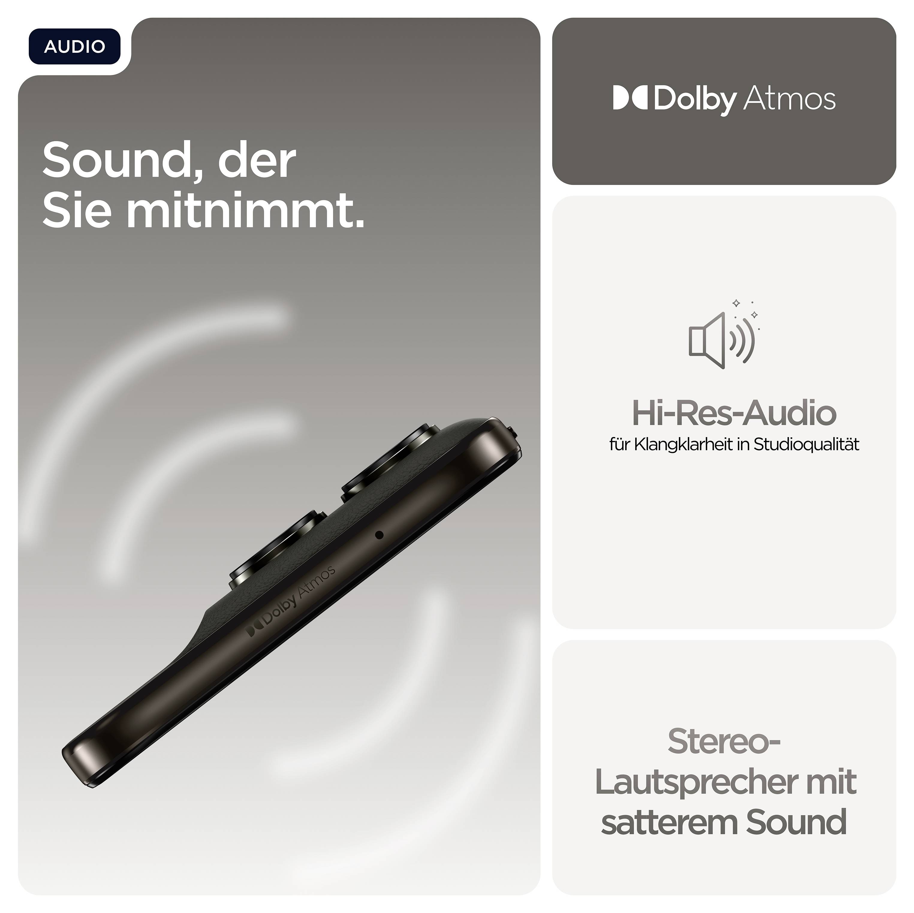 Smartphone mit Hi-Res-Audio Unterstützung und Dolby Atmos, bietet Stereo-Lautsprecher für satten Sound. Text: Sound, der Sie mitnimmt.