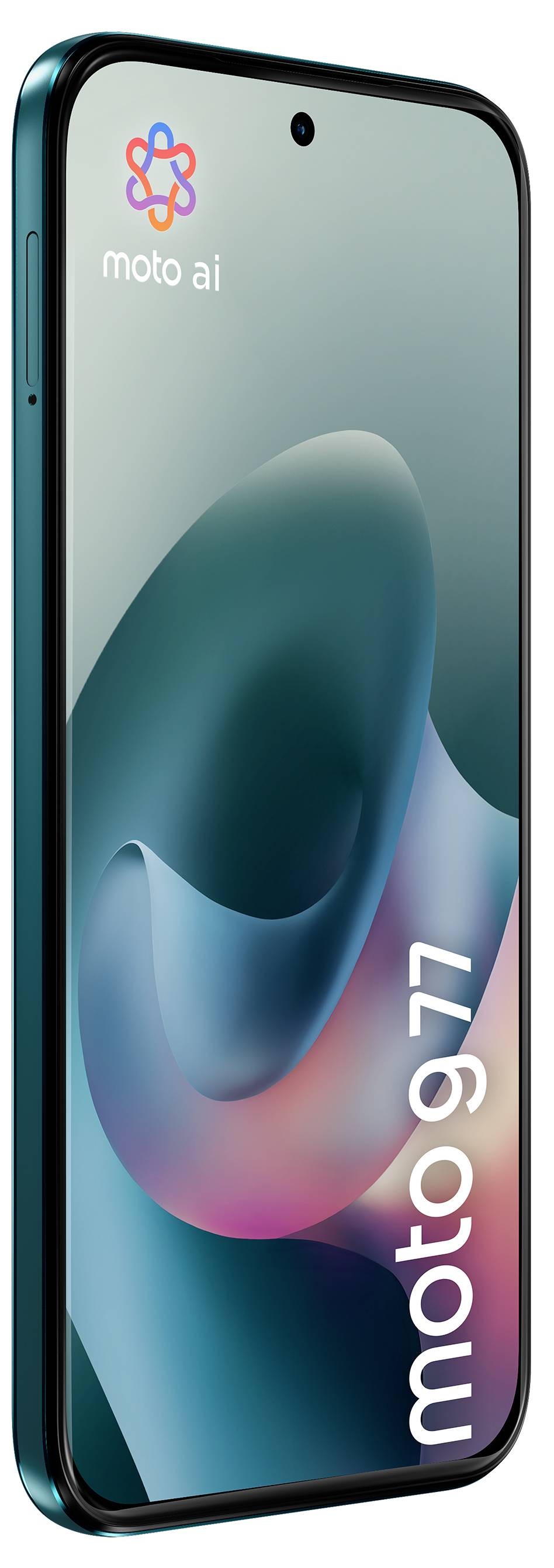 'Schlankes Smartphone mit gebogenen Kanten, Farbe Türkis. Der Bildschirm zeigt den Text 