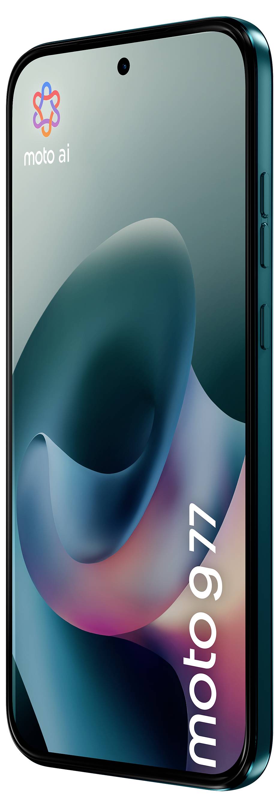 Vorderansicht des Moto G77 Smartphones mit schlankem Design, petrolblauem Rahmen und lebhaftem abstraktem Display. Moto-AI-Logo oben links.