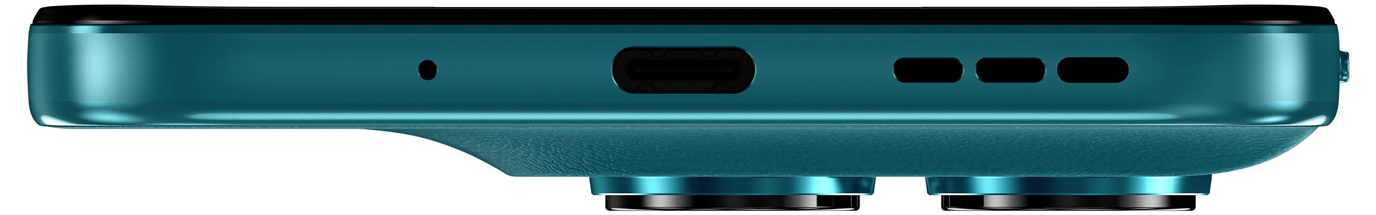Seitenansicht eines blaugrünen Smartphones mit zwei hinteren Kameraobjektiven und Ladeanschluss.