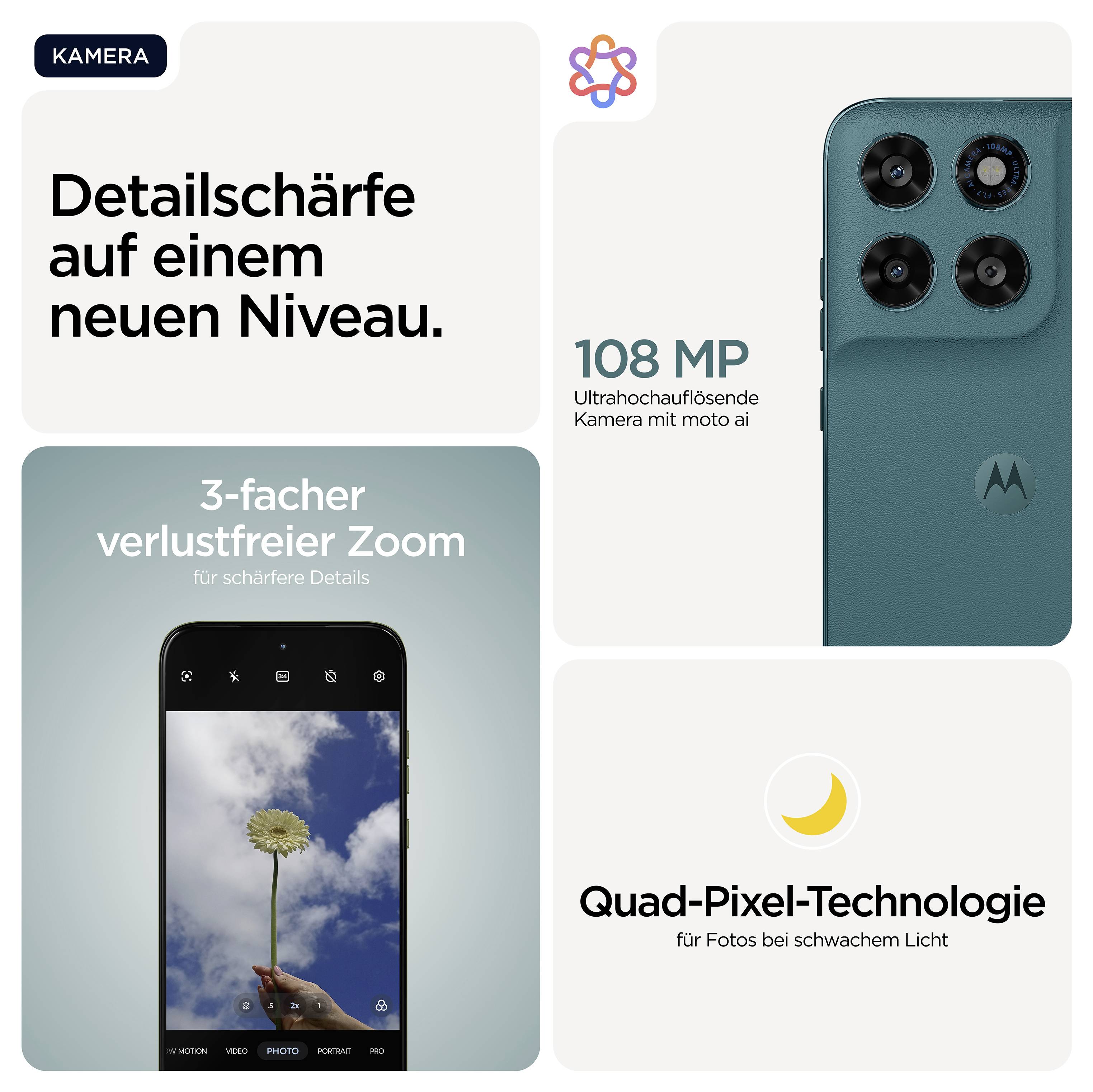 Smartphone mit hochauflösender 108 MP Kamera, 3-facher verlustfreier Zoom und Quad-Pixel-Technologie für bessere Fotos bei schwachem Licht.