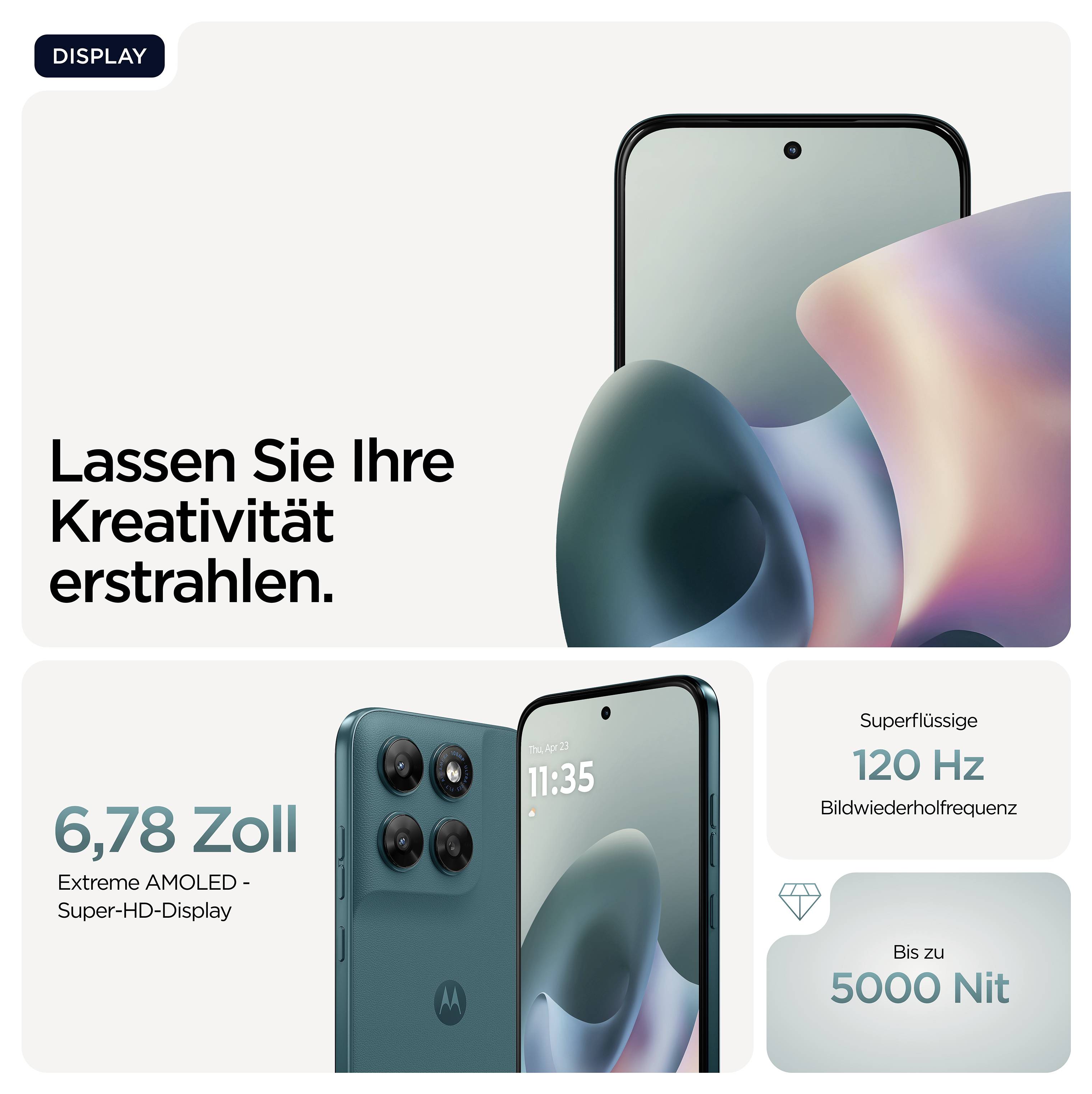 Smartphone-Werbung zeigt ein Modell mit Super-HD-Display, 6,78 Zoll, 120 Hz Bildwiederholfrequenz und 5000 Nit Helligkeit. Text: 'Lassen Sie Ihre Kreativität erstrahlen.'