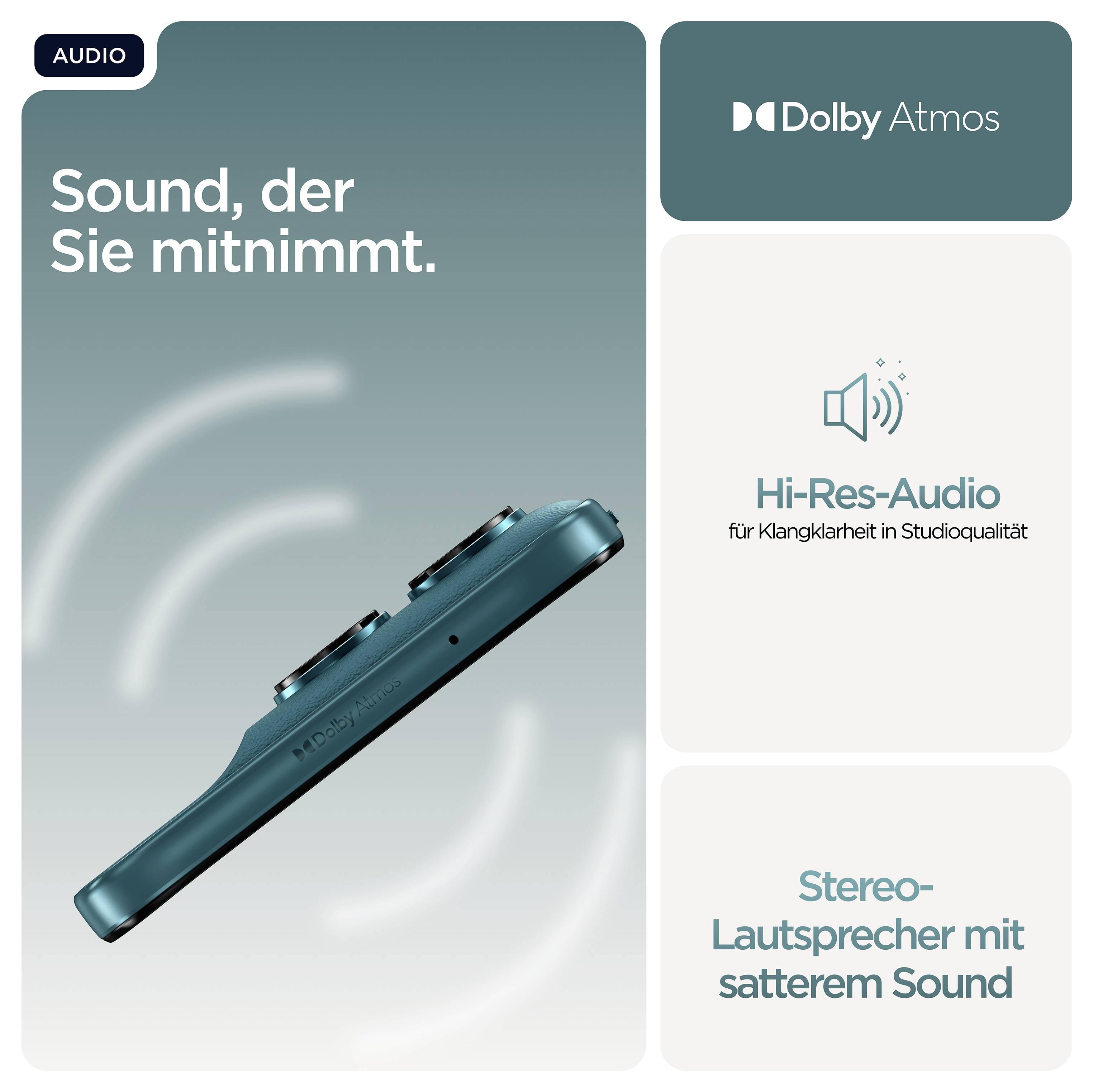Werbung für Hi-Res-Audio: Dolby Atmos, hellblaues Smartphone mit Stereo-Lautsprecher, Text: Sound, der Sie mitnimmt.