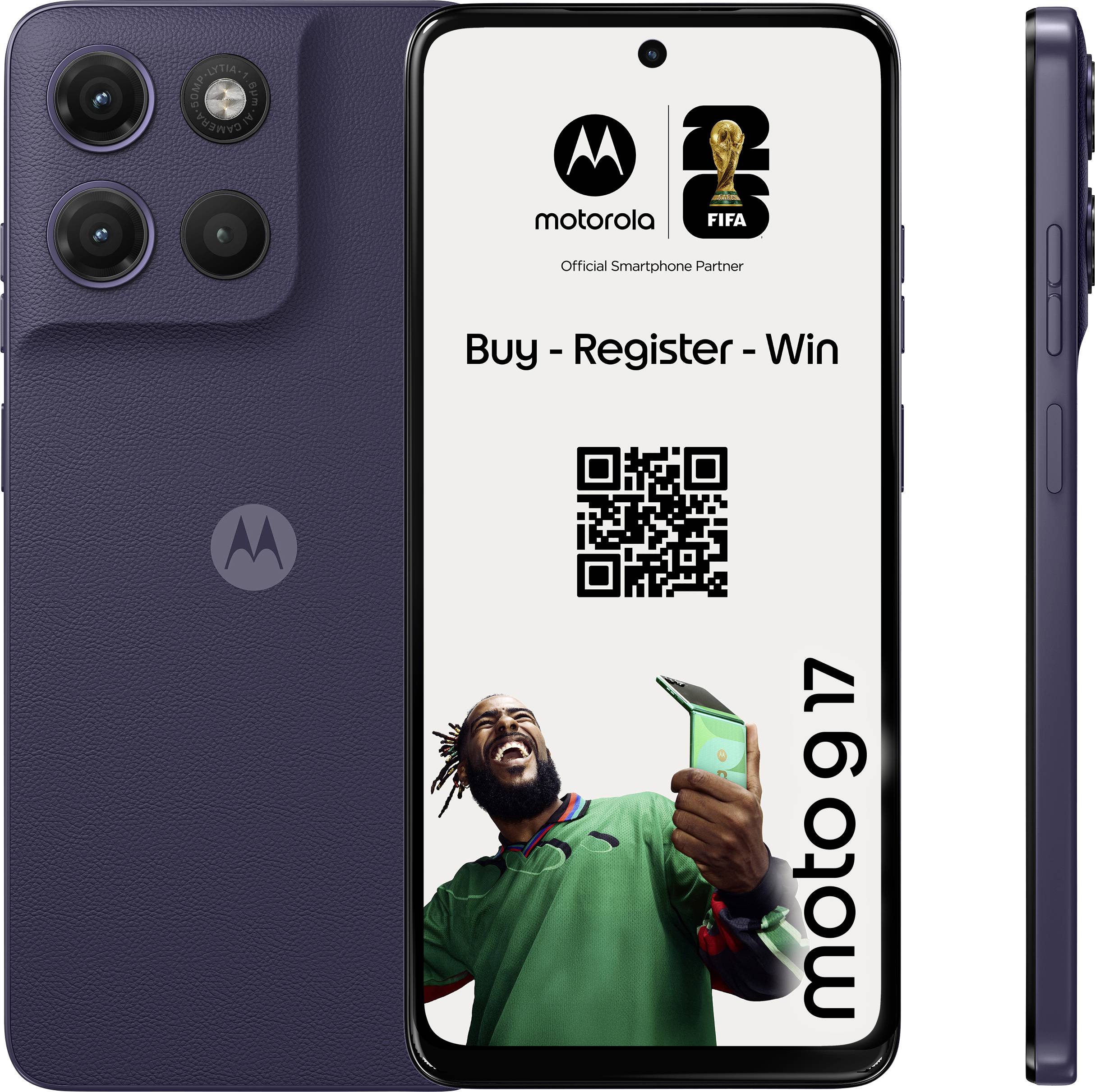 Vorder- und Seitenansicht eines Motorola Moto G9-Smartphones mit dreifacher Kameraeinrichtung, 50-MP-LYTIA-Kamera, Octa-Core-Prozessor und 5100-mAh-Akku.
