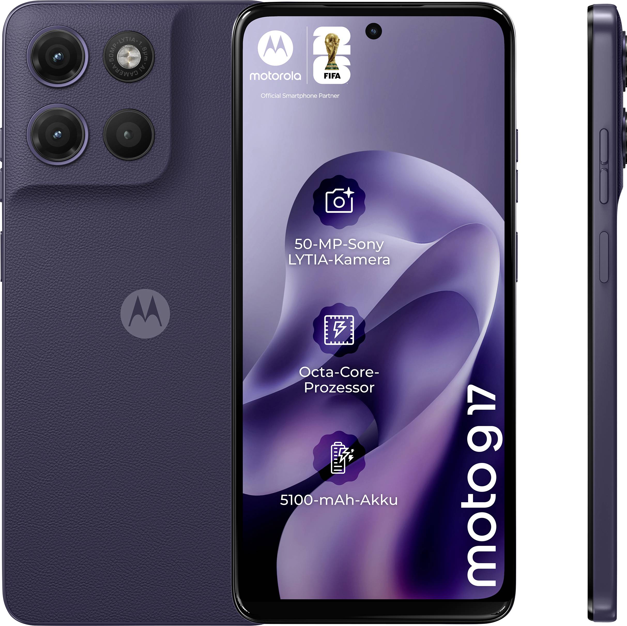 Vorder- und Seitenansicht eines Motorola Moto G9-Smartphones mit dreifacher Kameraeinrichtung, 50-MP-LYTIA-Kamera, Octa-Core-Prozessor und 5100-mAh-Akku.