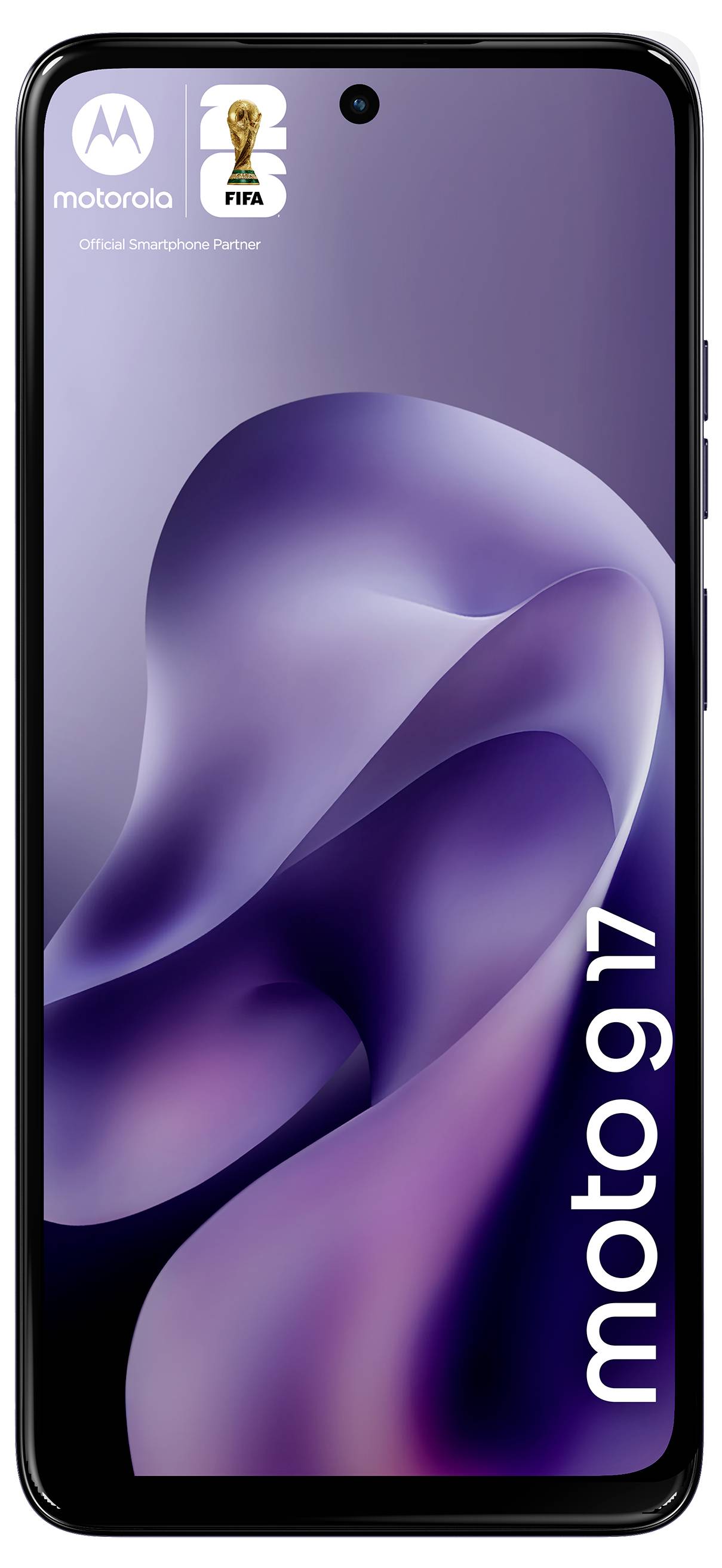 Motorola Moto G17 Smartphone mit elegantem, gekrümmtem Design beim Display und FIFA-Branding oben.