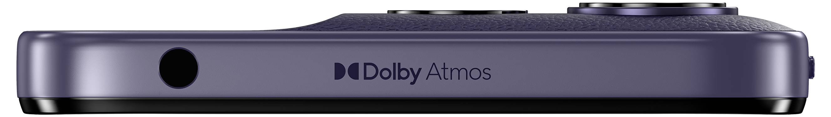 Eine Smartphone-Kante mit violettem Finish, die ein Loch für ein Mikrofon zeigt. Die Wörter „Dolby Atmos