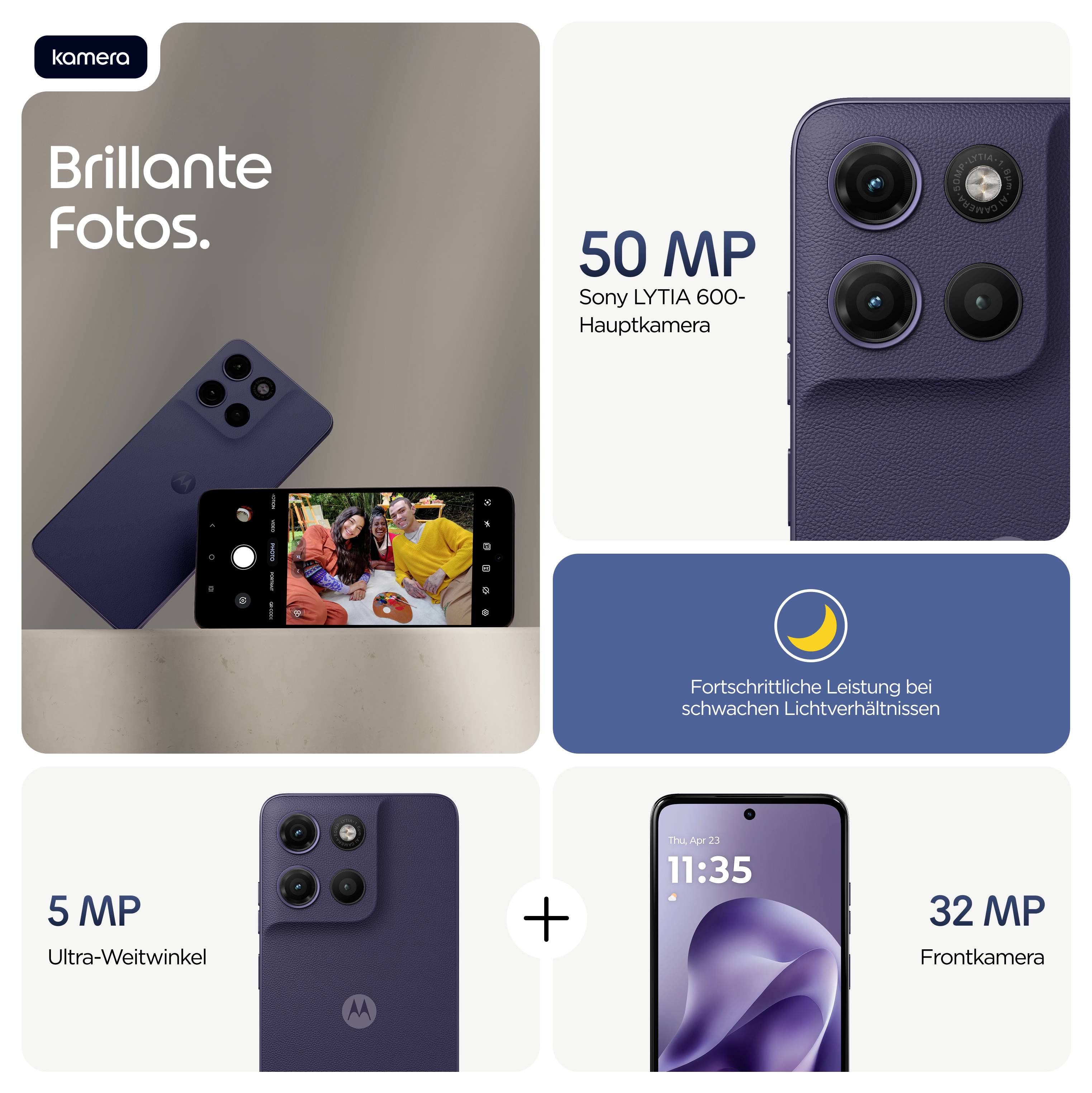 Türkisfarbenes Smartphone mit großem Kameramodul mit drei Linsen und Blitz auf der Rückseite. Das Motorola-Logo ist darunter zentriert.