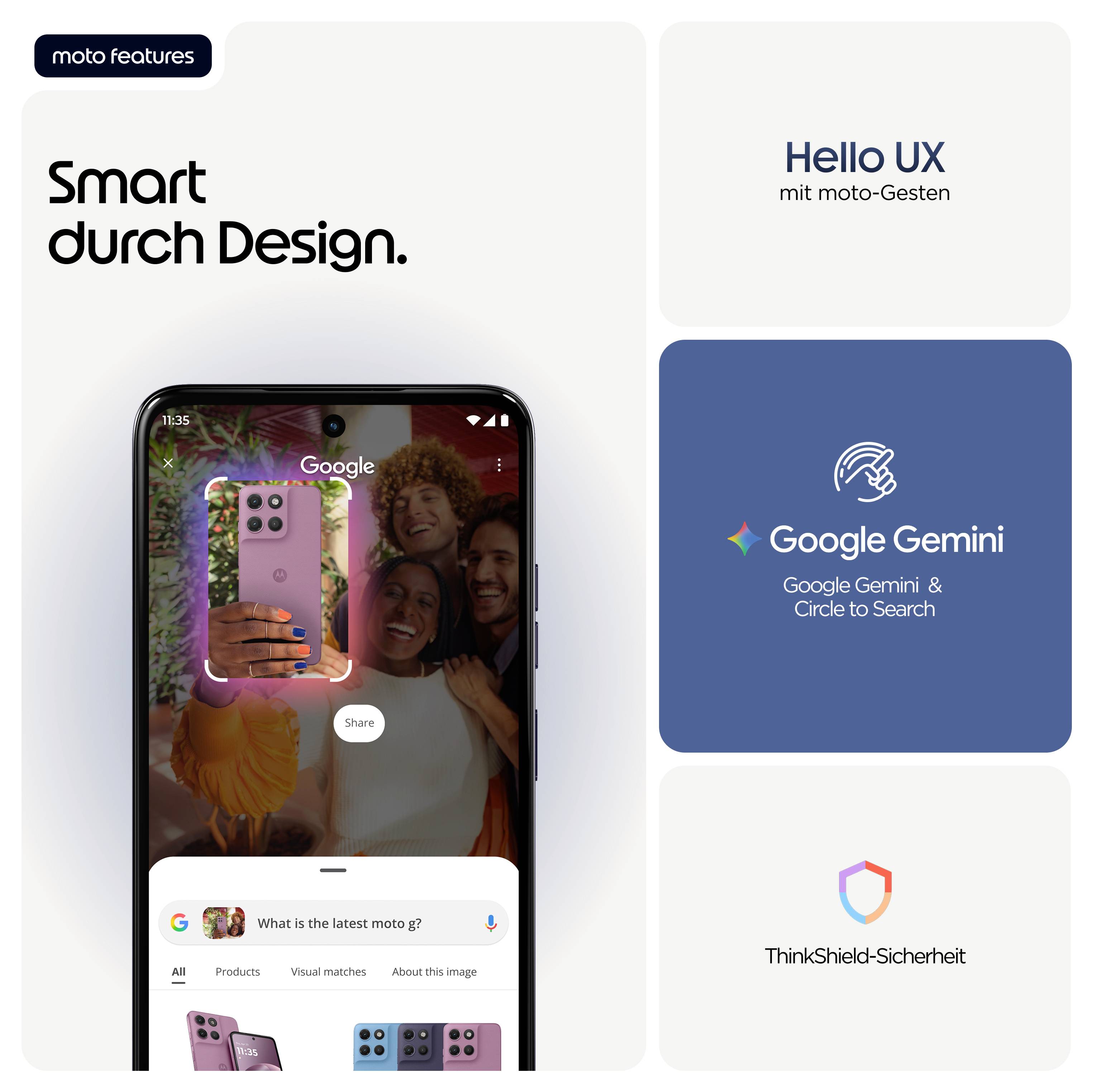Ein Smartphone zeigt eine Gruppe von Freunden, die ein Selfie machen. Begleittext: 'Smart durch Design', 'Hello UX mit moto-Gesten'.