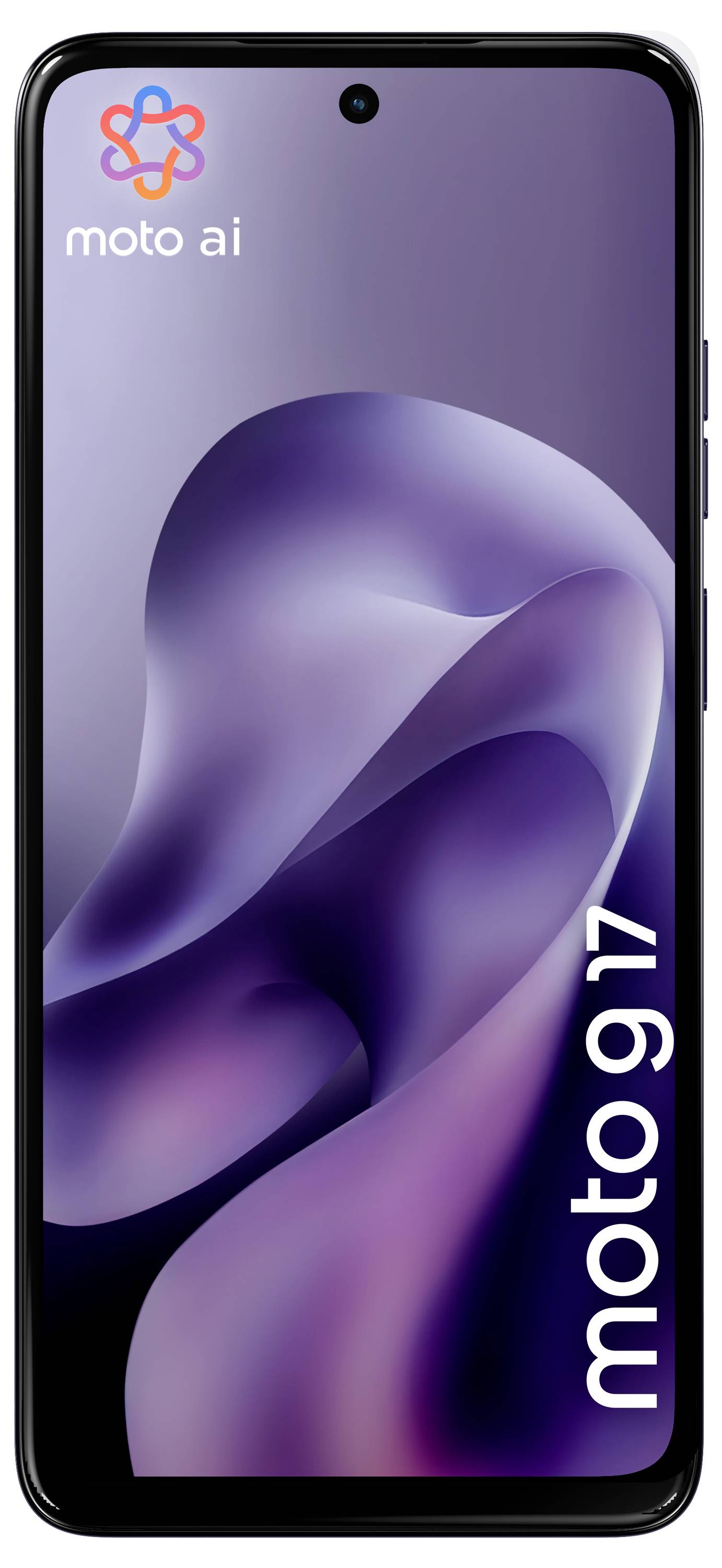 Moto-AI-Smartphone frontal dargestellt mit violettem abstraktem Hintergrund und vertikalem „moto g75"-Branding auf dem Bildschirm.
