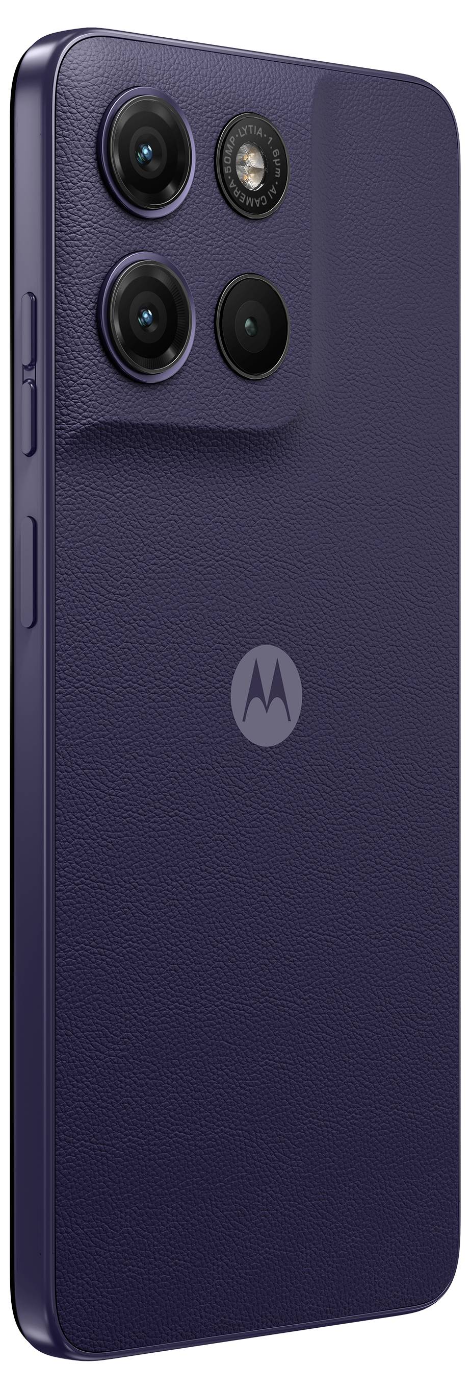 Moto Smartphone mit gekrümmtem Display, das ein violettes abstraktes Hintergrundbild zeigt, und der vertikale Text „moto g 17" auf dem Bildschirm.