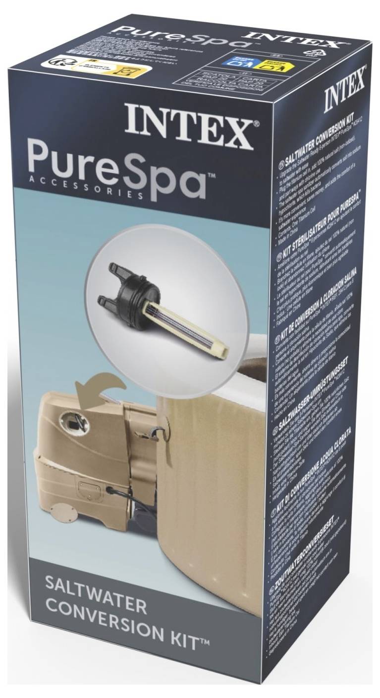 Paket für Intex PureSpa Salzwasser-Umwandlungsset zeigt Produktbild und Funktionen, entwickelt zur Umwandlung von Spawasser in ein Salzwatersystem.
