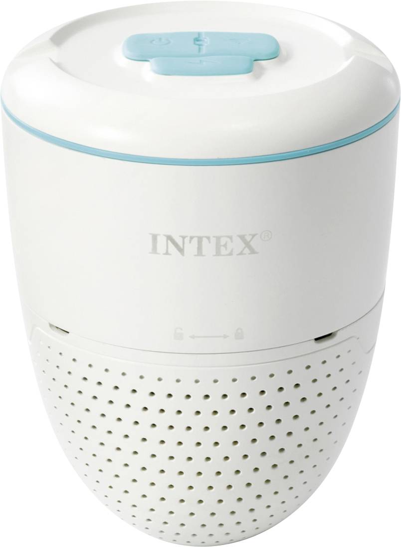 Intex Luftreiniger in Weiß mit einem blauen Bedienfeld oben, ausgestattet mit einem perforierten unteren Bereich für die Luftfiltration.