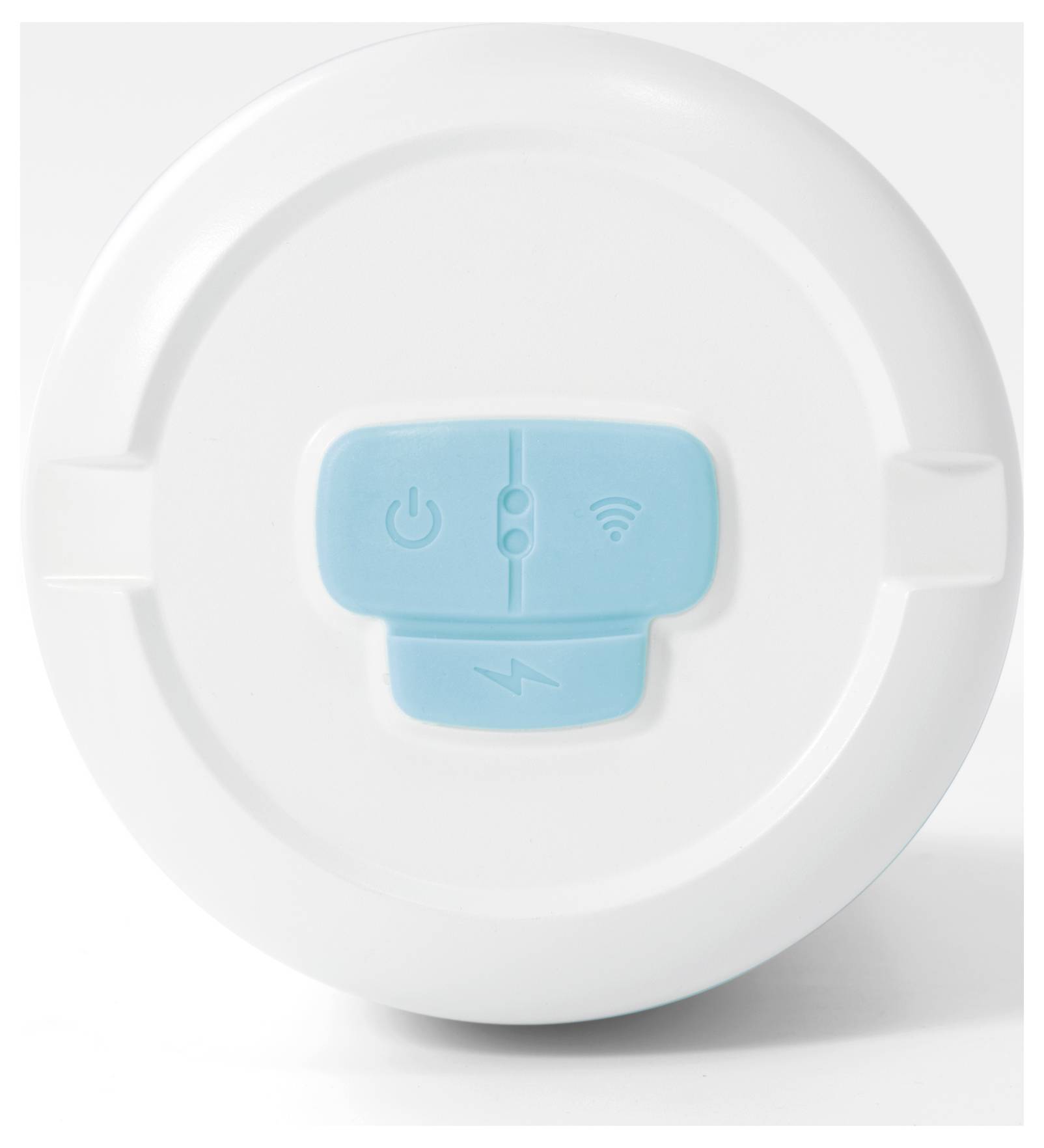 Ein rundes, weißes Gerät mit einem blauen Bedienfeld, das Symbole für Stromversorgung, Wi-Fi und Laden aufweist.