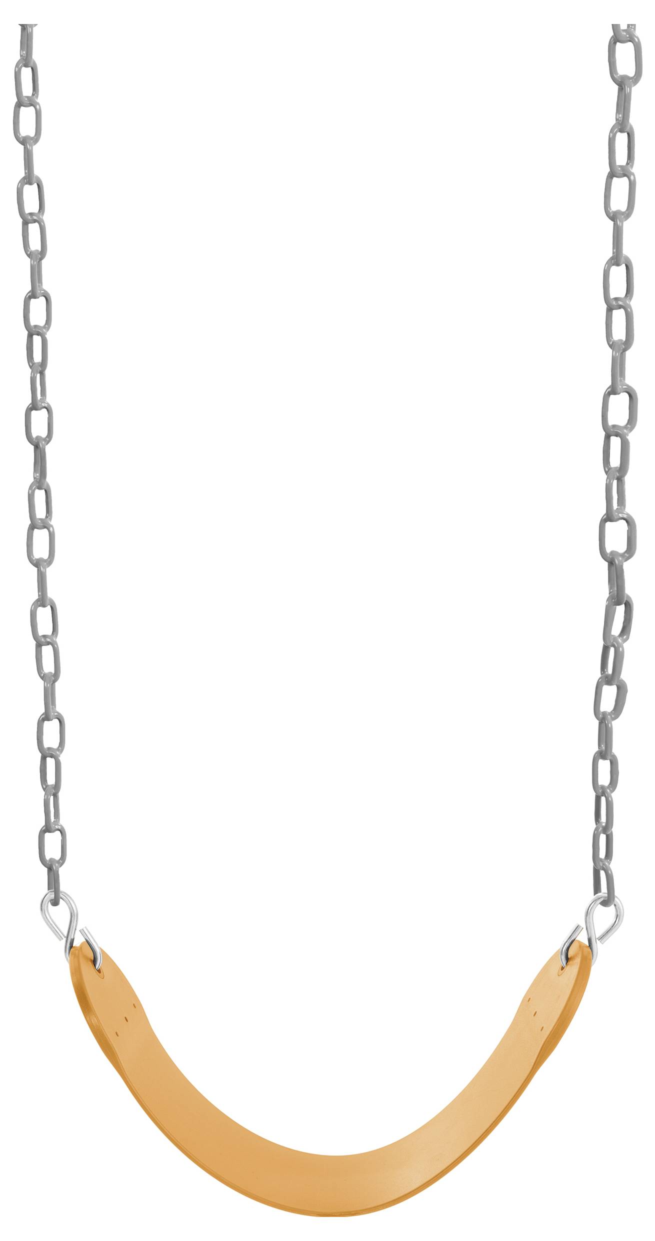 Ein orangefarbener Schaukelsitz mit Metallketten, für die Verwendung auf dem Spielplatz konzipiert, vor weißem Hintergrund aufgehängt.