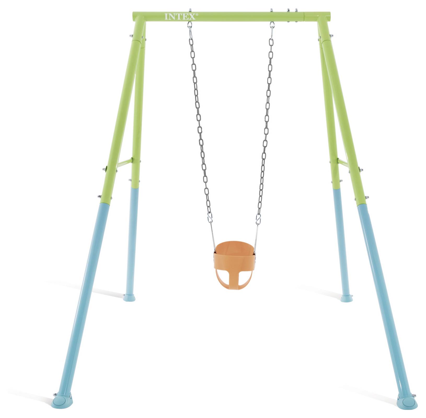 Eine aufblasbare weiße Baby-Badewanne verziert mit orangefarbenen und grauen Sternen.