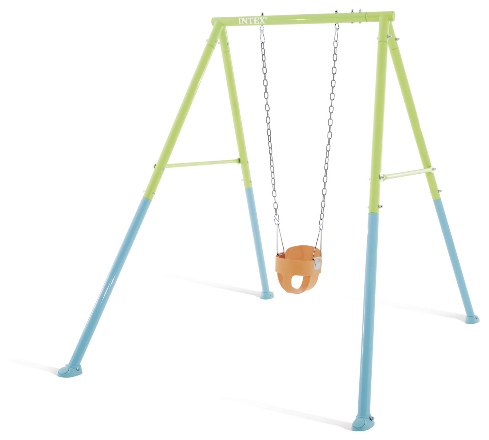 Eine Kinderschaukel mit einem grün und blau gerahmten Gestell und einem orangefarbenen Sitz.