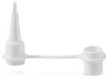 Ein weißer Kunststoff-Ohrtrichter mit Verbindungsband und Kappe, der für Ohrenuntersuchungen verwendet wird.