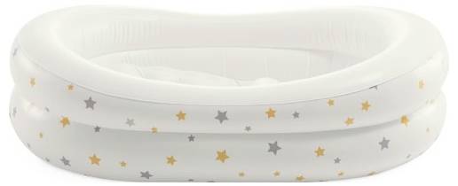 An inflatable white baby bathtub adorned with orange and gray stars.