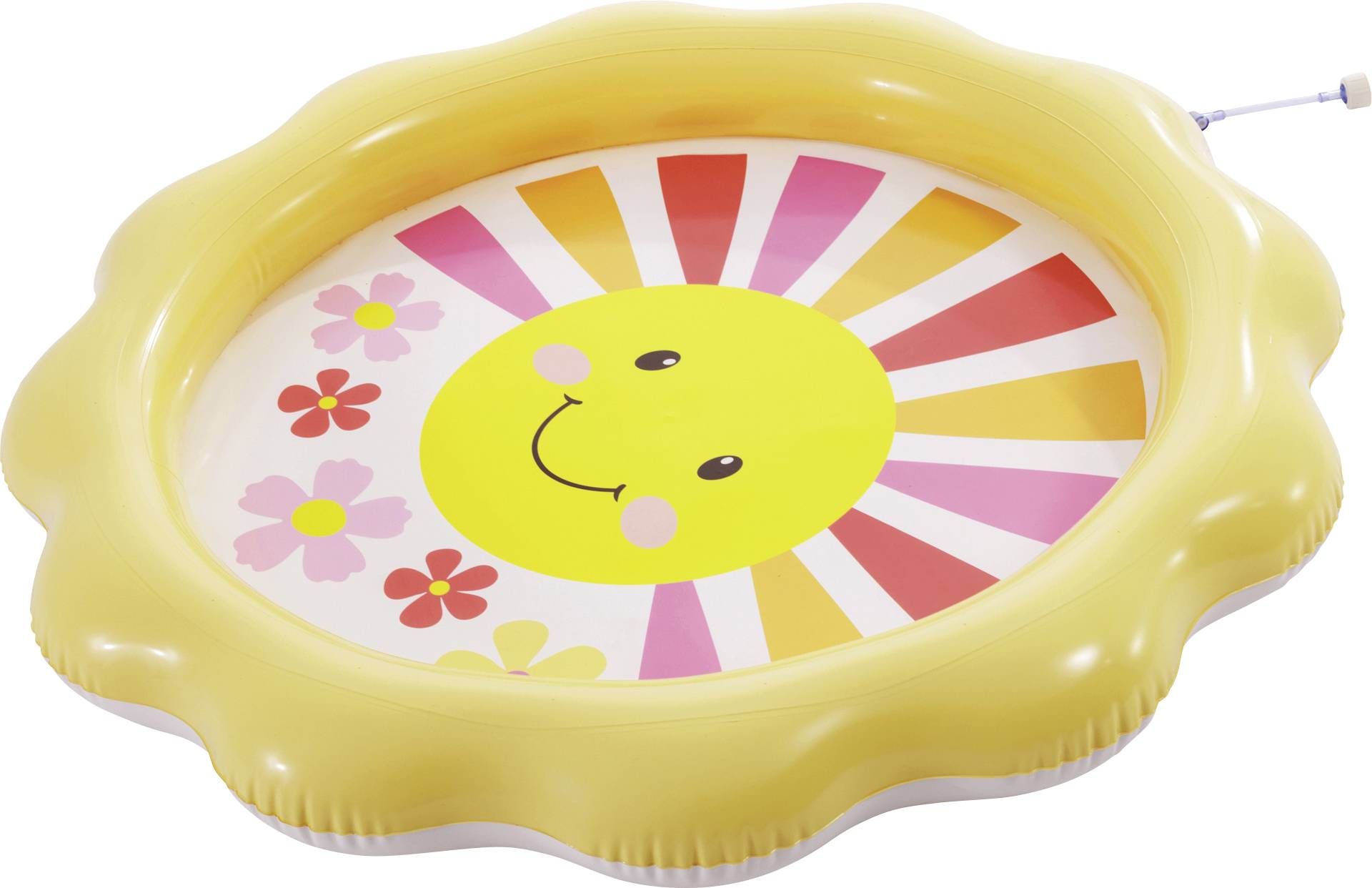 Gelbes aufblasbares Kinderbecken mit einem lächelnden Sonnengesicht und bunten Blumen auf dem Boden bedruckt.