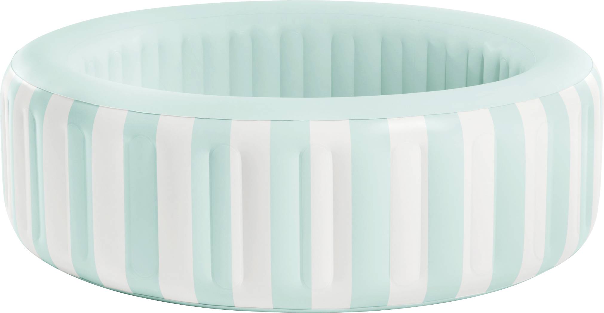 Ein hellblauer aufblasbarer kreisförmiger Pool mit vertikalen weißen Streifen, leer und aufrecht stehend, für die Verwendung im Freien konzipiert.