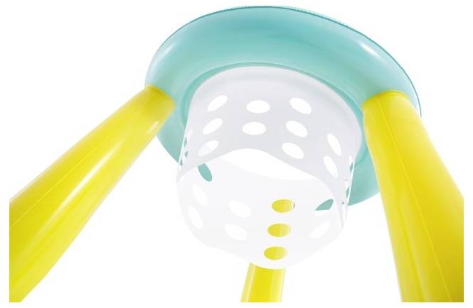 Ein leuchtend gelber und grüner aufblasbarer Poolschwimmer in Avocado-Form mit einem lachenden Gesicht und einem rosa Herzdesign in der Mitte.