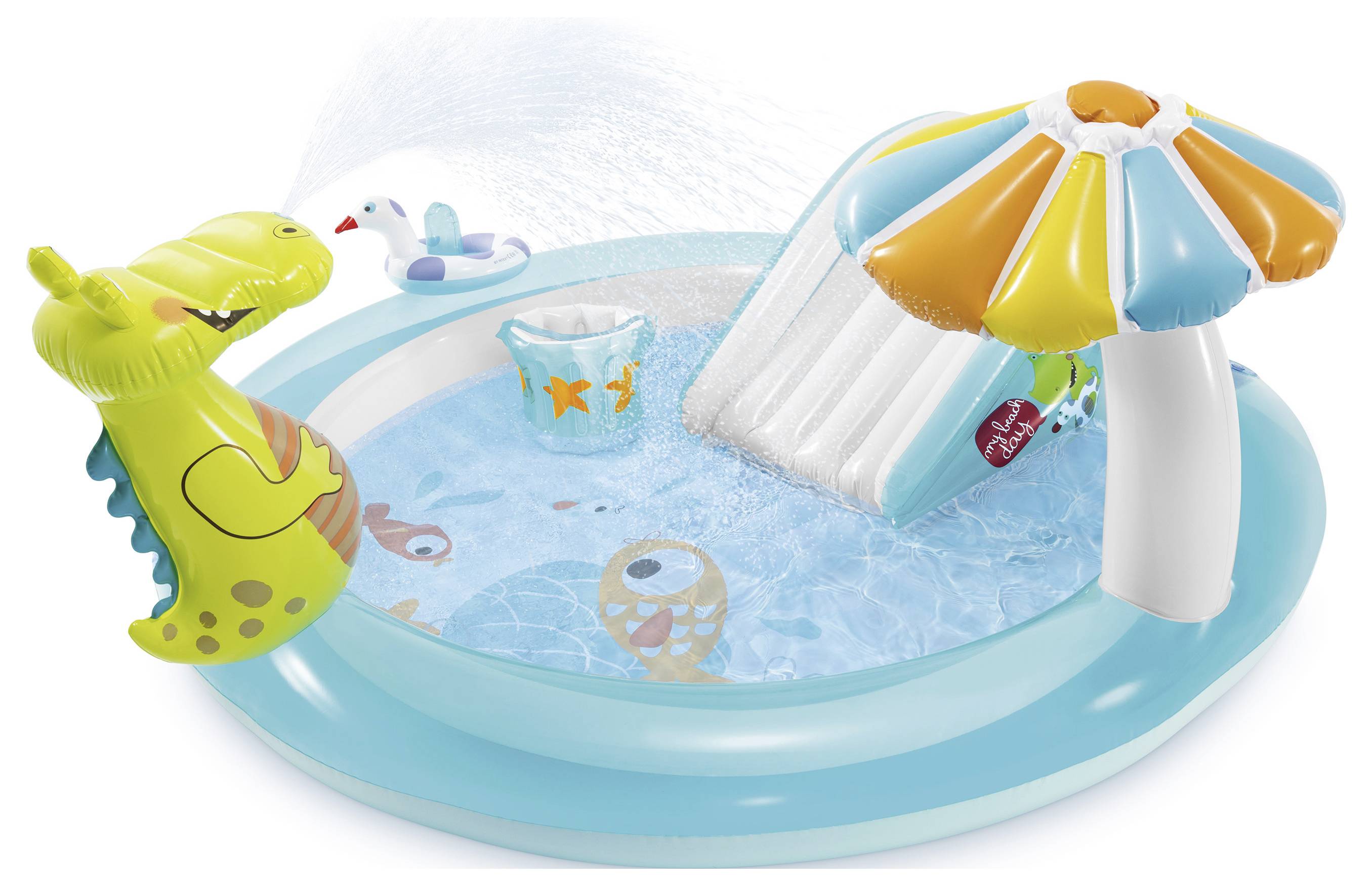 Aufblasbares Kinderbecken mit einer kleinen Rutsche, Sprühanlage, Drachenreiter und aufblasbarer Schirmstruktur, konzipiert für spielerische Wasseraktivitäten.