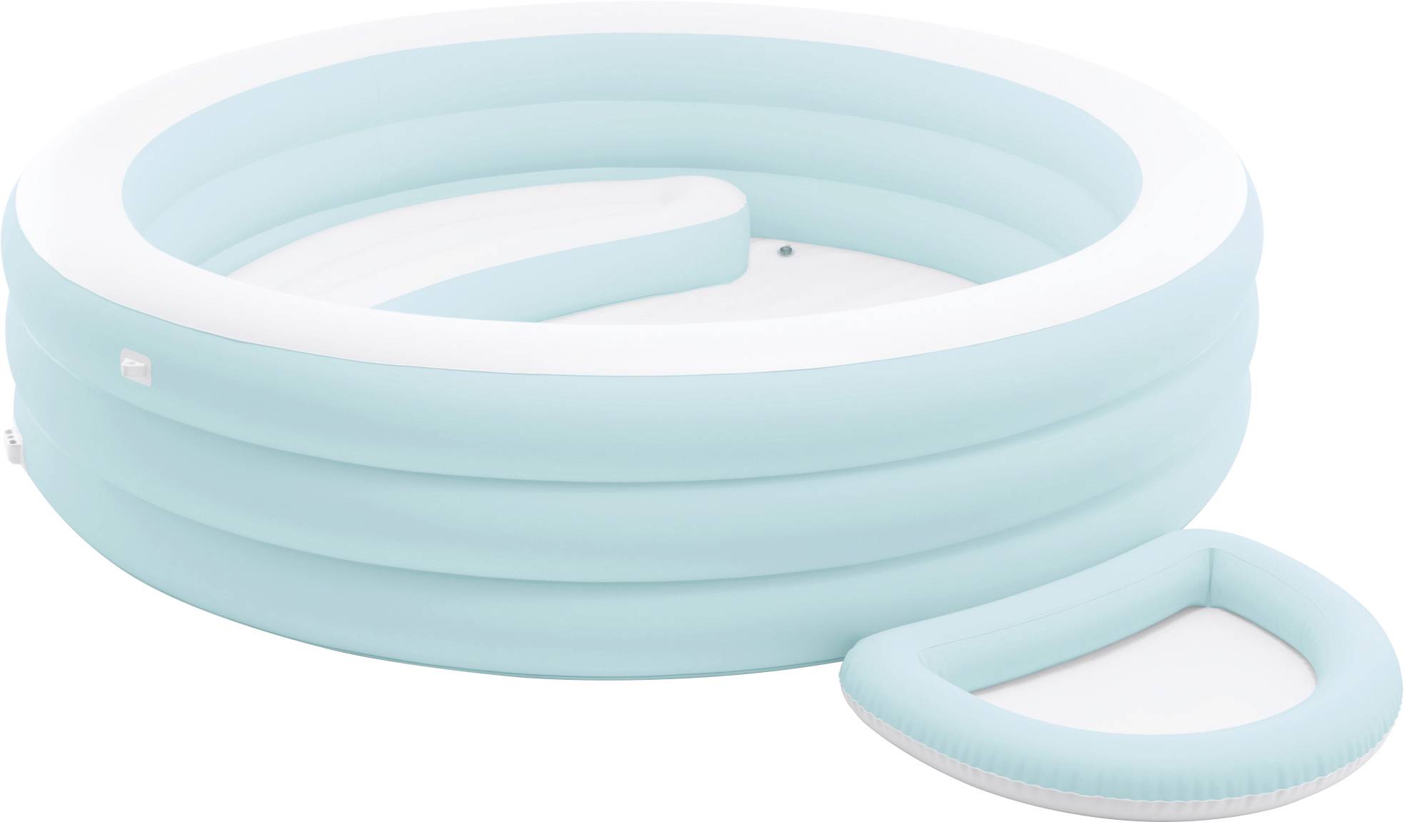 Hellblau und weiß aufblasbarer Pool mit passendem gepolstertem Sitz.