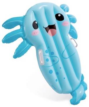 Ein blauer aufblasbarer Poolschwimmer in Form eines lächelnden Axolotls mit rosigen Wangen und spielerischem Ausdruck.