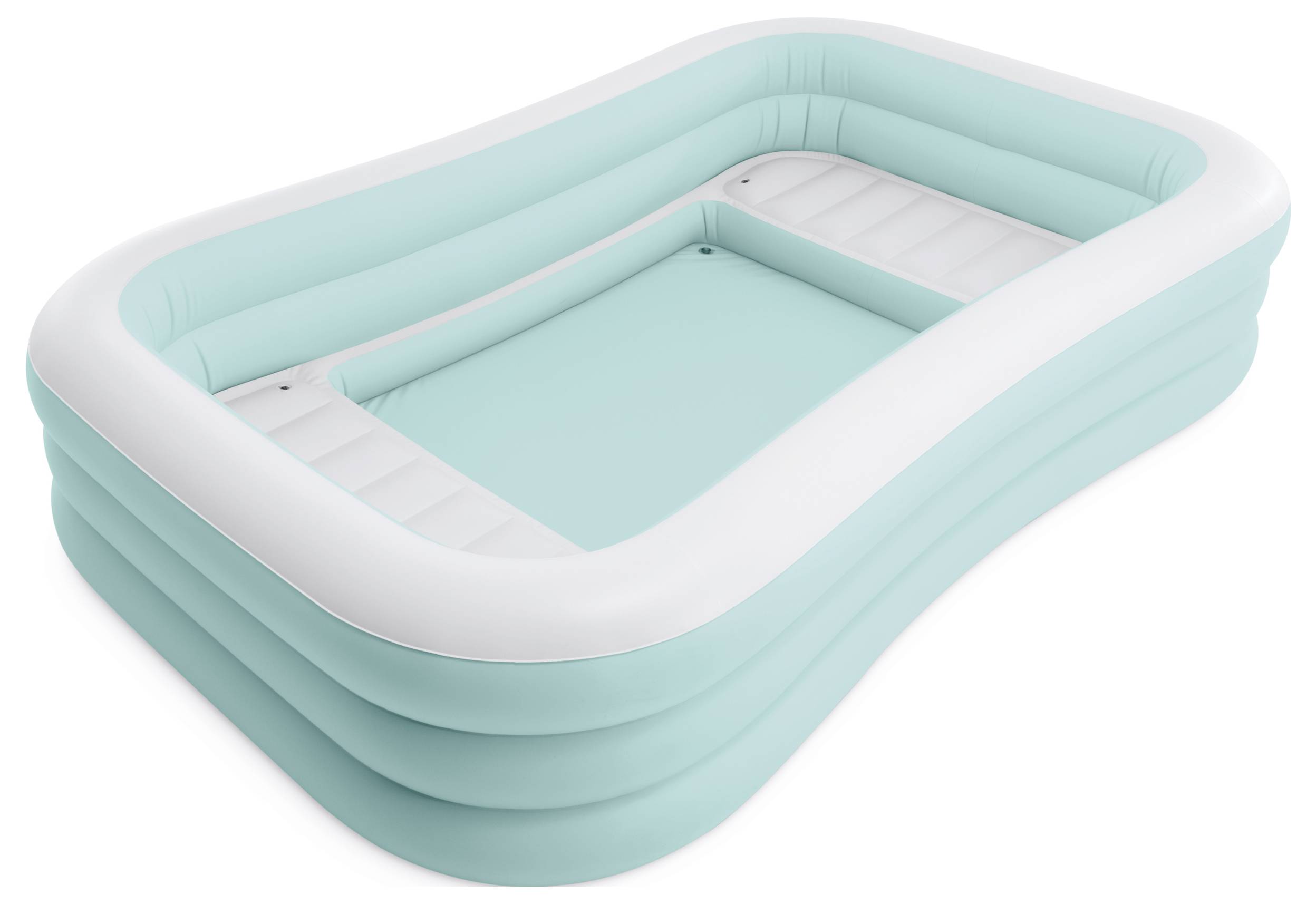 Aufblasbarer rechteckiger Pool mit weißem Rand und hellblauem Inneren. Geeignet für Familienaktivitäten im Freien.