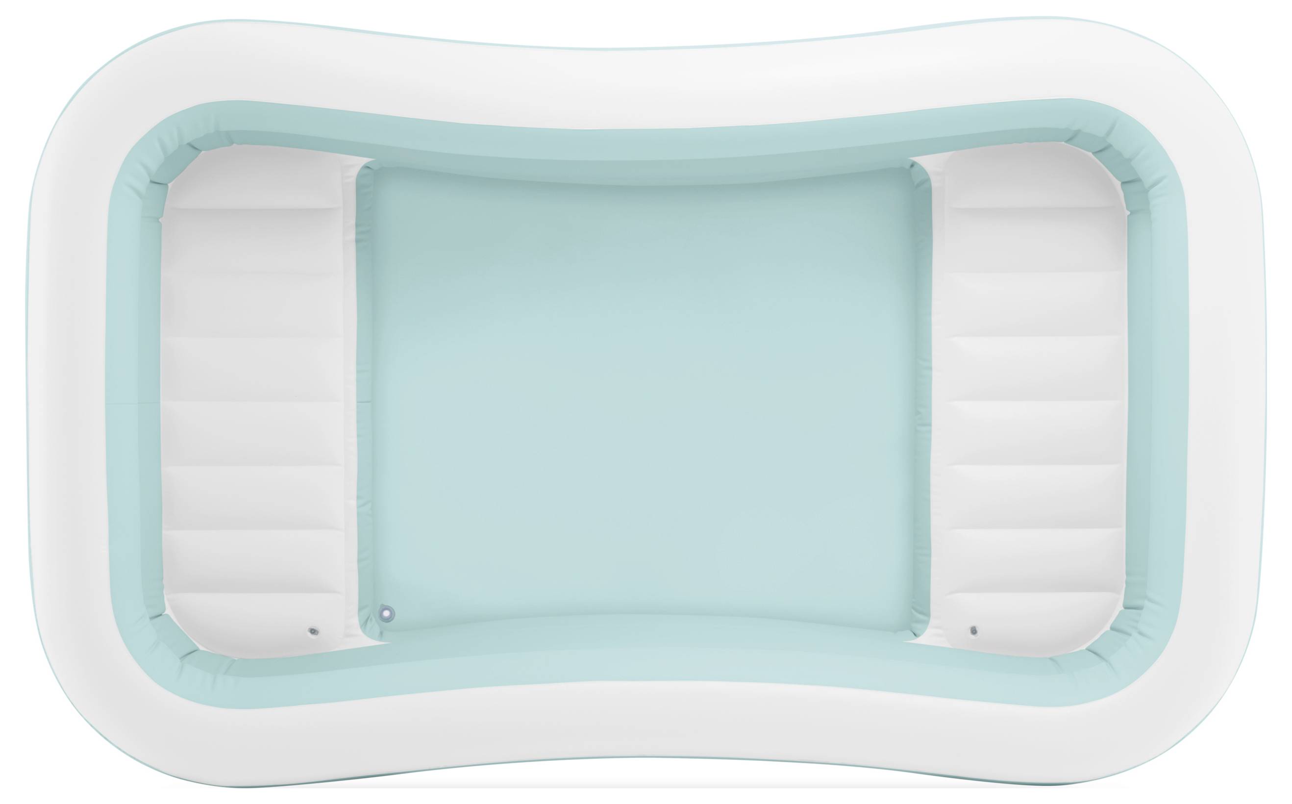 Ein aufblasbarer rechteckiger Pool mit weißen Wänden und hellblauem Inneren, mit zwei gepolsterten Sitzen auf gegenüberliegenden Seiten.
