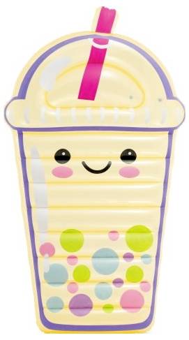Aufblasbarer Poolfloteur in Form eines lächelnden Milkshakes mit farbenfrohen Blasendekoration und einem rosa Strohhalm.
