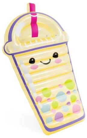 Aufblasbarer Poolfloteur in Form eines Cartoon-Milkshakes mit lachendem Gesicht, rosa Strohhalm und bunten Punkten.