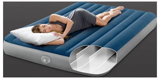 Eine Frau schläft auf einer blau-grauen aufblasbaren Luftmatratze, die eine Innensichtansicht mit hervorgehobenen Stützkammern zeigt.