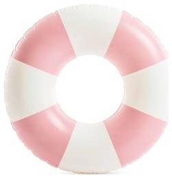 Ein rosa-weiß gestreifter aufblasbarer Poolring.