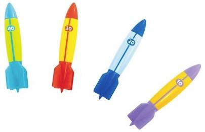 Vier bunte Spielzeugraketen mit Punktwerten: gelb 40, orange 30, blau 20 und lila 10.