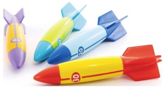 Spielzeugraketen in verschiedenen Farben, jede mit einer Nummer, die Punkte angibt (10, 20, 30), erscheinen in einem Bogen angeordnet. Helles und verspieltes Design.