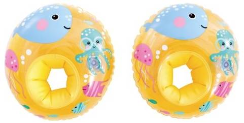 Zwei orangefarbene aufblasbare Schwimmringe mit blauen Wal-, Kraken- und Quallendesigns. Jeder Ring hat eine sechseckige Mittelöffnung.