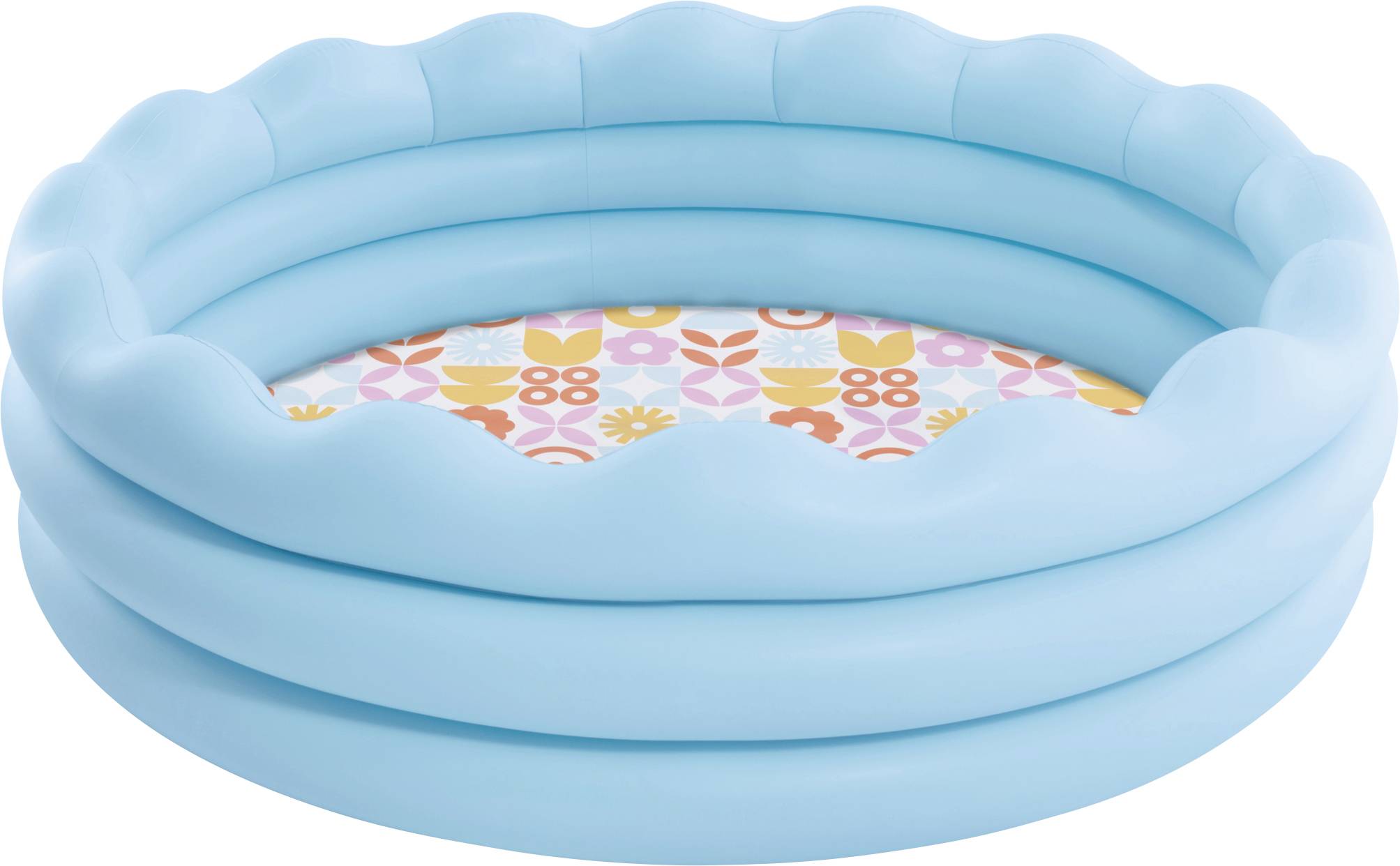 Ein blauers aufblasbares Kinderbecken mit drei Ringen und einem farbenfrohen gemusterten Boden mit Blumen- und geometrischen Mustern.