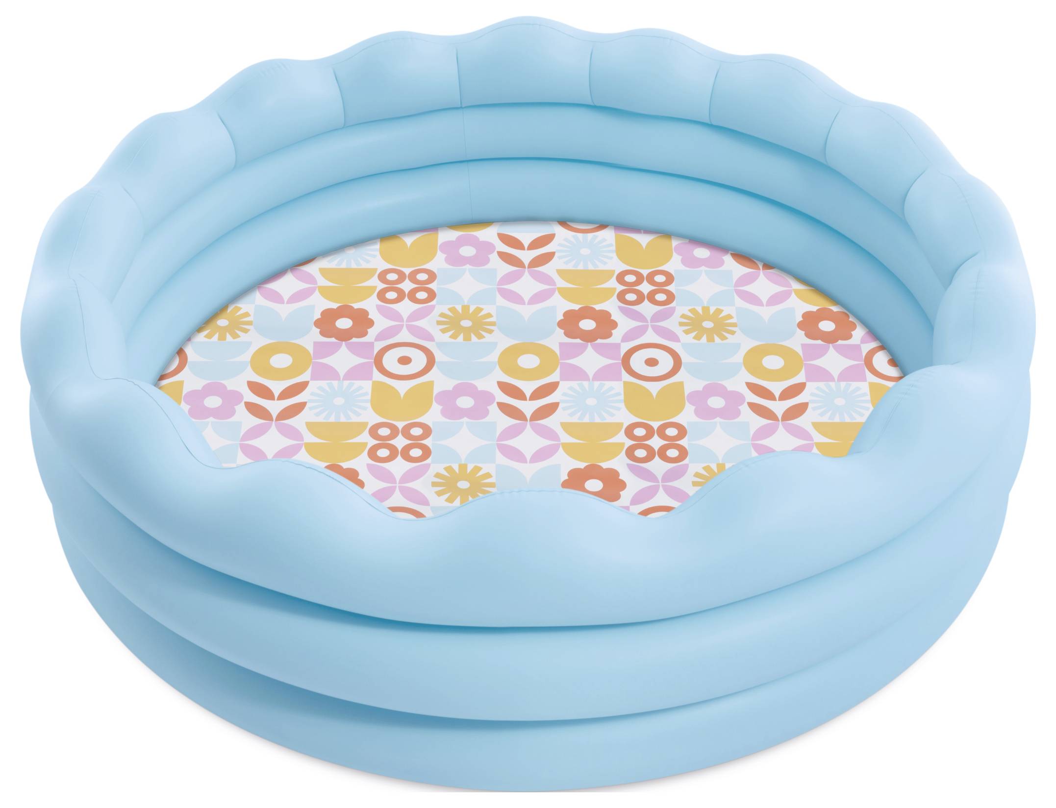 Ein blauerbarer Aufblas-Kinderbecken mit farbenfrohem gemustertem Boden, der Blumen und geometrische Formen in Rosa-, Gelb- und Orangetönen zeigt.