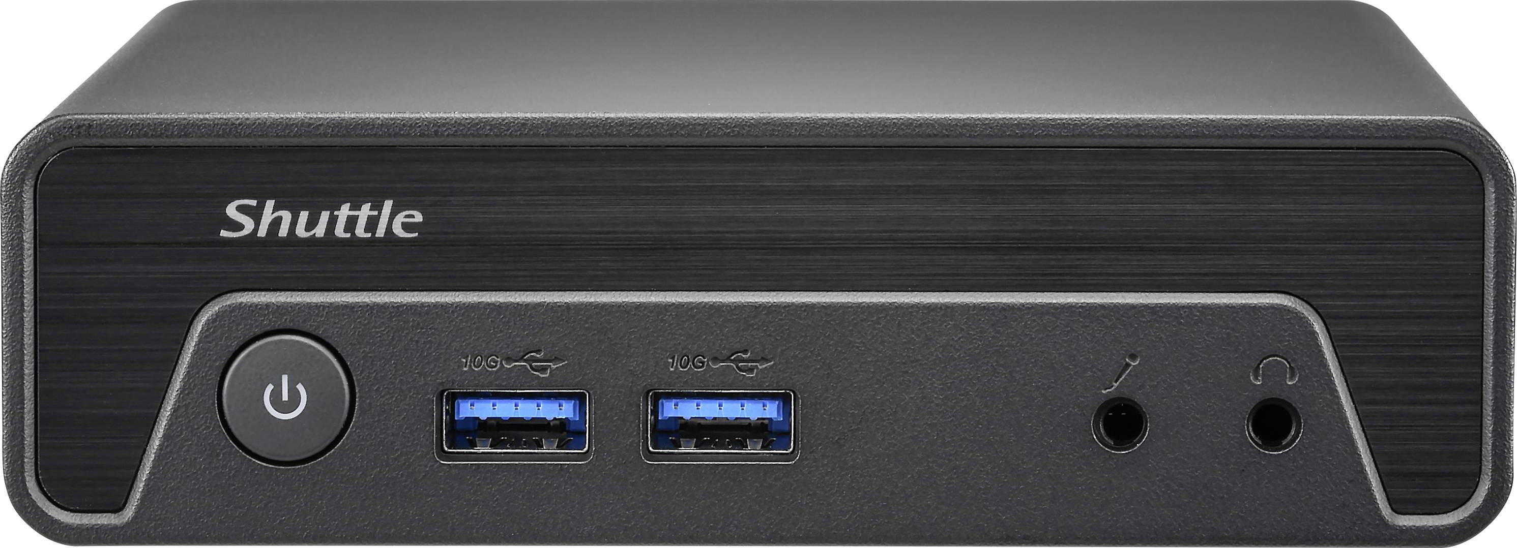 Ein kompakter, schwarzer Mini-PC von Shuttle mit einer Stromschaltfläche, zwei USB-Anschlüssen und zwei Audiobuchsen auf der Frontplatte, konzipiert für effizientes Rechnen.