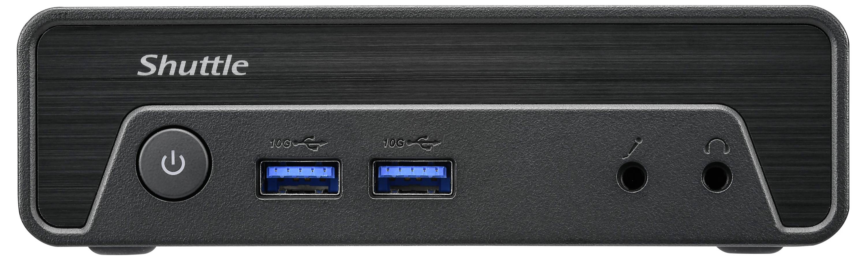 Frontansicht eines kompakten Shuttle Mini-PCs mit zwei USB-3.0-Anschlüssen, einem Netzschalter und Audiobuchsen, geeignet für vielseitige Computeranforderungen.