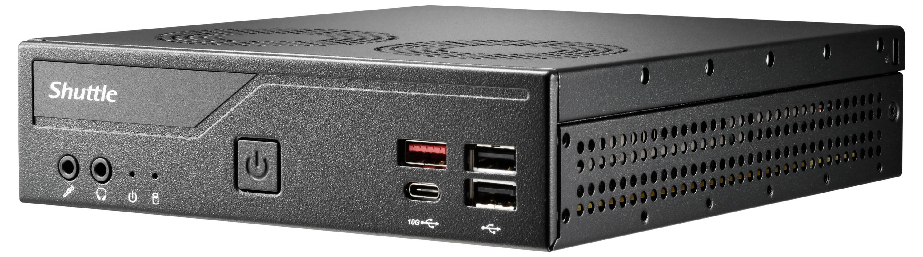 Ein kompakter schwarzer Shuttle-Computer mit Anschlüssen auf der Frontblende, einschließlich zwei USB 3.0, USB-C und Audiobuchsen. Geeignet für Büro- oder Heimgebrauch.
