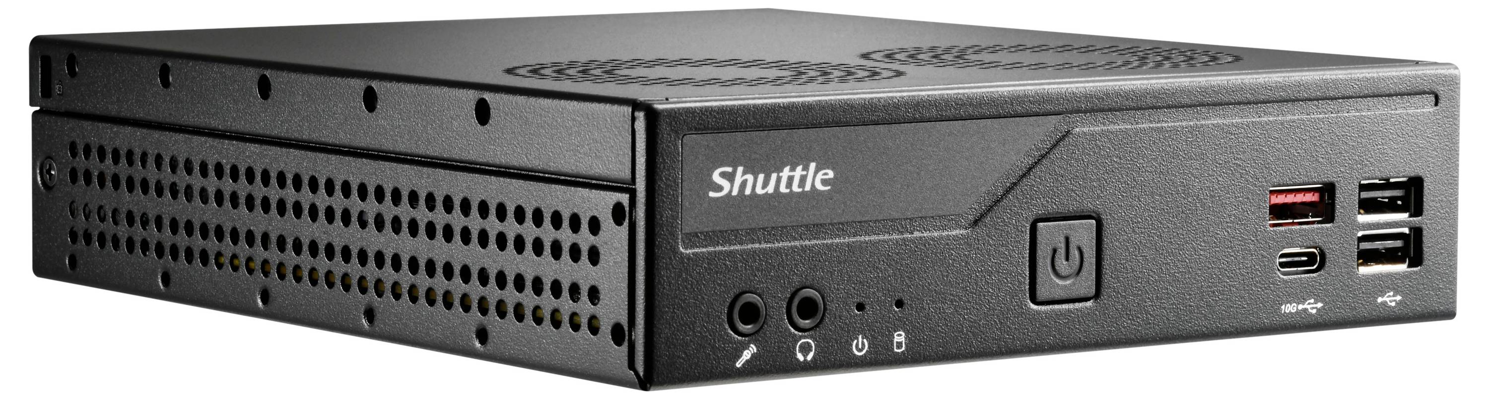 Ein kompakter schwarzer Desktop-Computer mit Belüftungslöchern, USB-Anschlüssen und einem Netzschalter. Der Markenname ist auf der Frontplatte sichtbar.