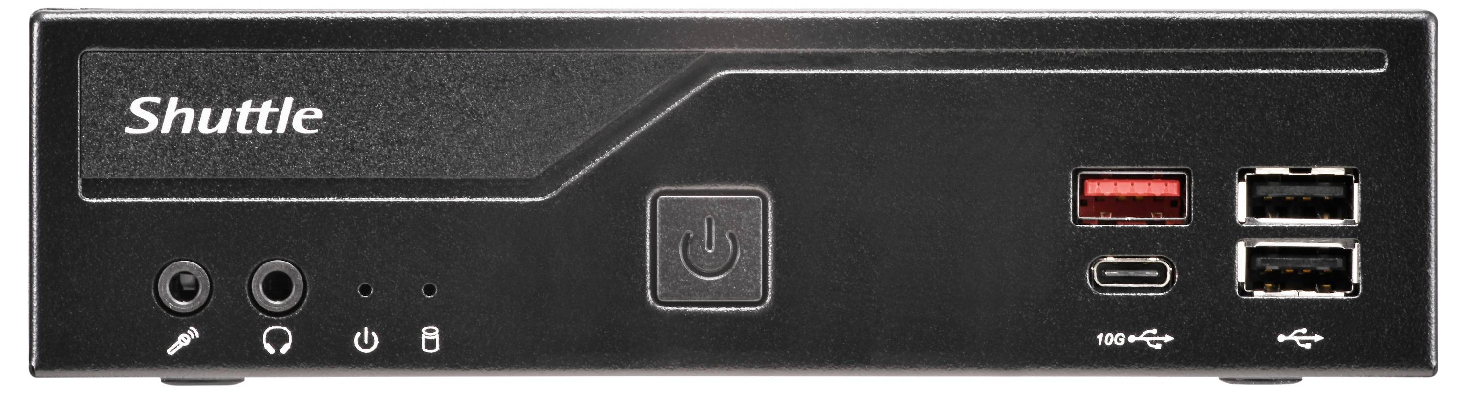 Ein kompaktes schwarzes Computergehäuse mit einer Ein-/Ausschalttaste, USB-Anschlüssen, Audiobuchsen und 